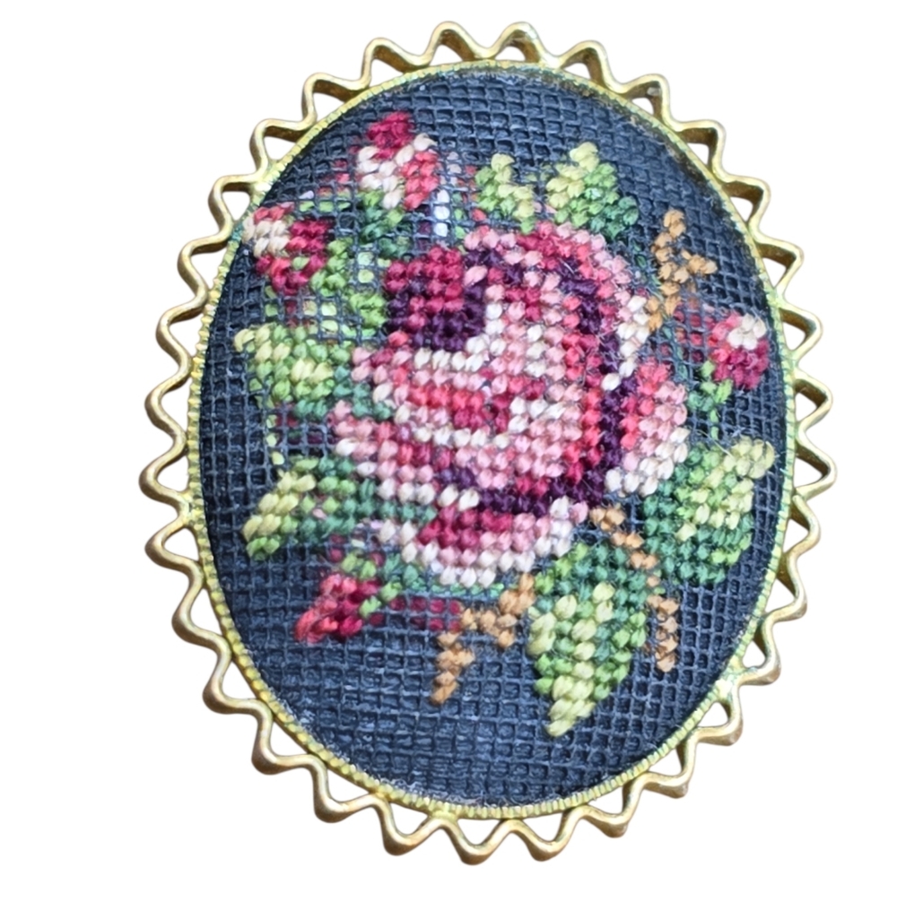 Vintage Petit Point Embroidered Rose Floral Brooch